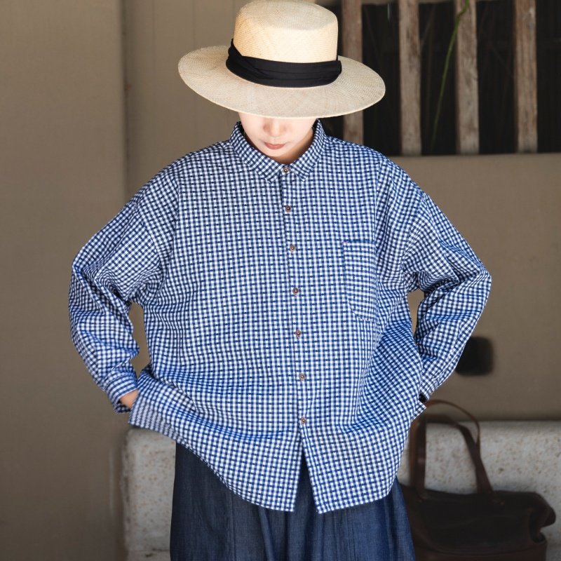 雨文她城原创女文艺风蓝格子棉涤休闲上衣衬衫