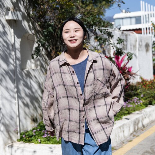 雨文她城法国亚麻格子宽松衬衫