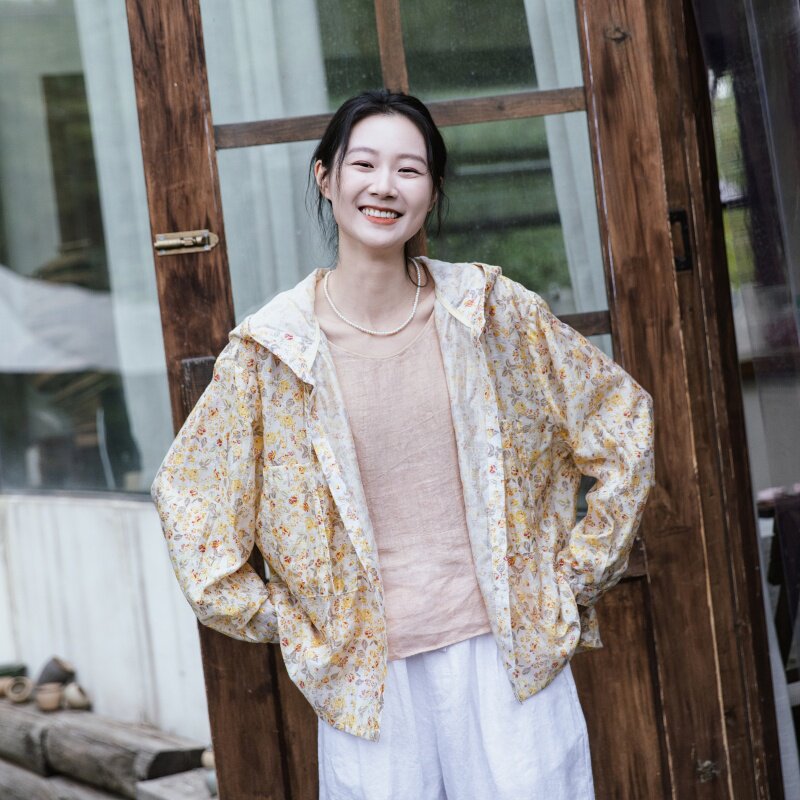 雨文她城|丝麻碎花文艺连帽衫女长袖春夏田园风清新防晒衫外套