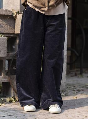 雨文她城原创秋冬藏蓝色条绒灯芯绒阔腿裤调性显瘦舒适宽松休闲裤