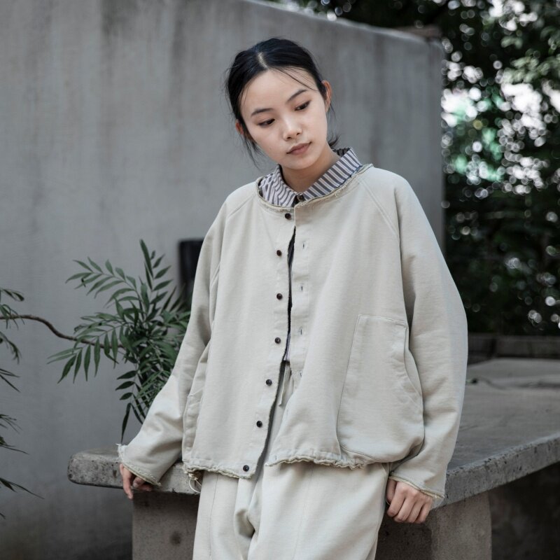 雨文她城原创女春秋款浅卡其针织棉卫衣外套宽松休闲百搭上衣