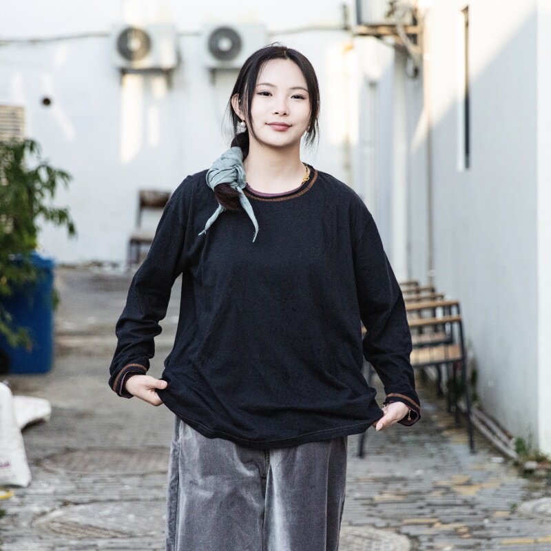 雨文她城简约黑色长绒棉针织打底衫女宽松百搭休闲慵懒长袖T恤