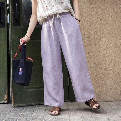 雨文她城原创女士100%色织汉麻淡紫色直筒裤文艺简约百搭休闲裤