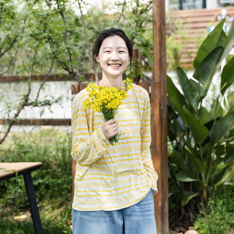 雨文她城｜氧气感慵懒黄色条纹亚麻长袖T恤女宽松显瘦螺纹领上衣