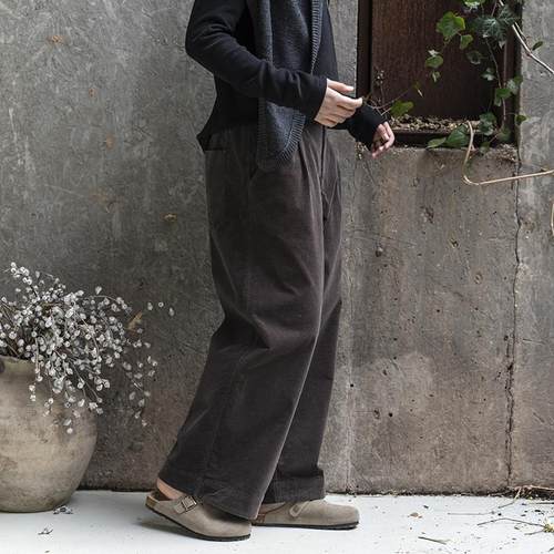 雨文她城2025原创新款坑条纹灯芯绒直筒裤文艺简约弹力条绒休闲裤