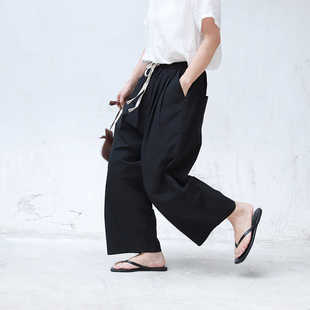 雨文她城原创女士100%酵素棉轻盈廓型感简约晒干棉休闲萝卜裤 子