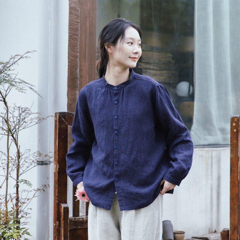 雨文她城｜色织100%亚麻衬衫女长袖宽松复古文艺风气质衬衣