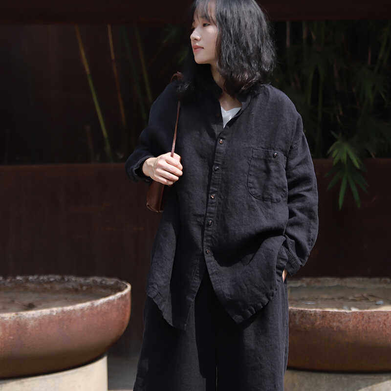 雨文她城原创秋季法国进口纱线黑色汉麻中长款休闲宽松显瘦衬衫
