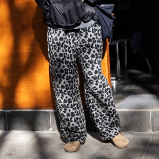 雨文她城原创复古豹纹羊毛混纺裤 女宽松豹纹印花休闲裤