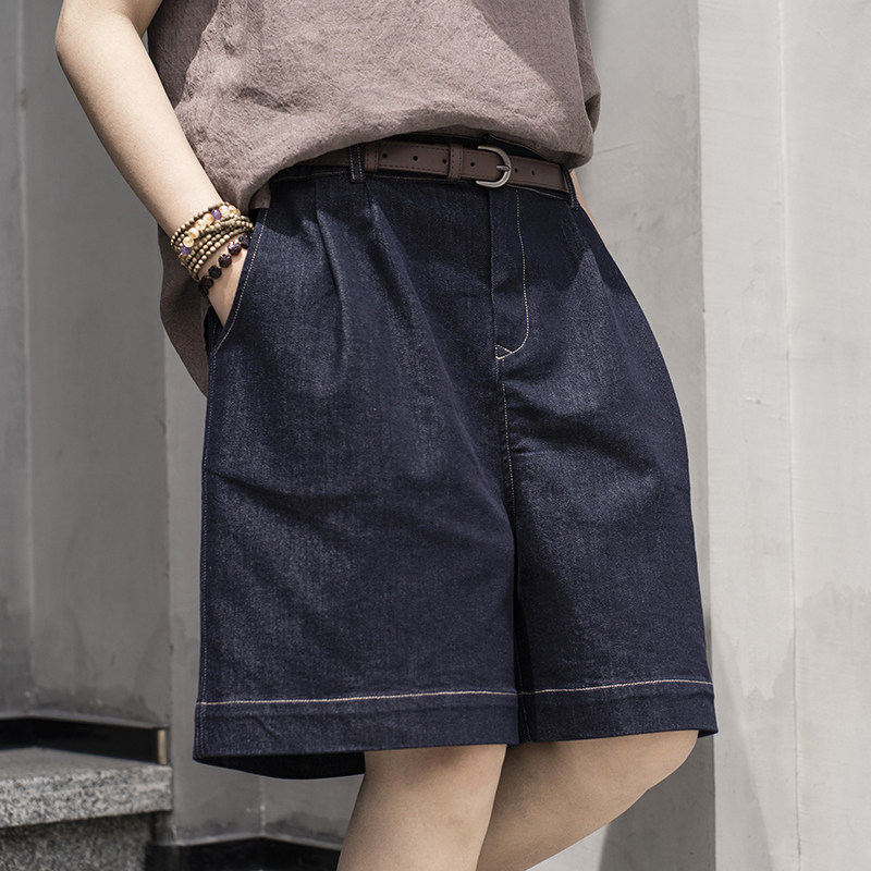 雨文她城原创夏季棉质微弹蓝色牛仔短裤简约休闲百搭显瘦五分裤子