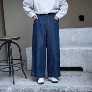 百搭牛仔裤 雨文她城原创女深蓝色亚麻棉休闲裤 经典