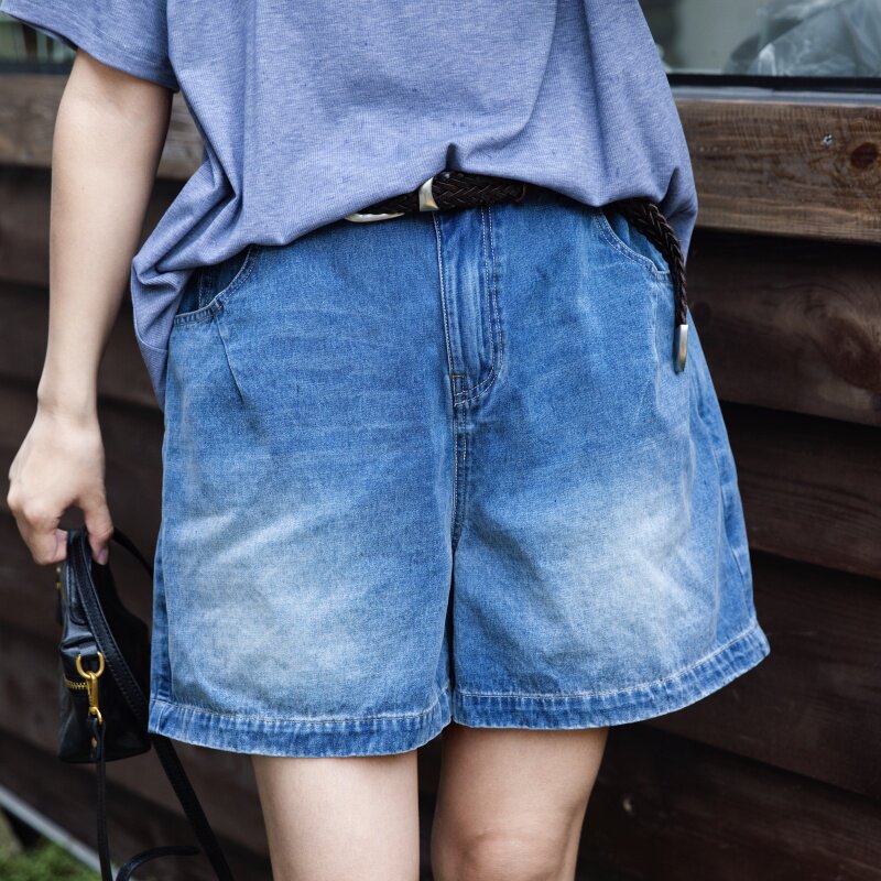 夏季复古蓝纯棉宽松牛仔短裤女