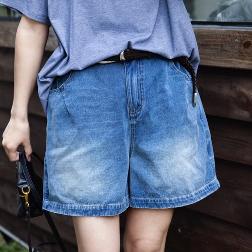 夏季复古蓝纯棉宽松牛仔短裤女