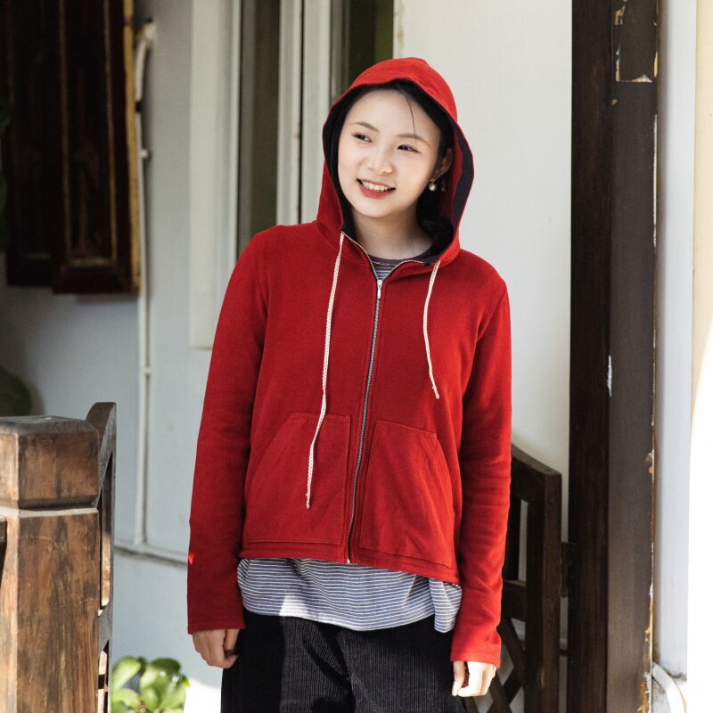 雨文她城原创进口德绒红色休闲连帽衫卫衣女百搭拉链开衫外套