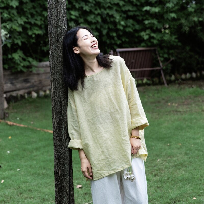 进口鹅黄苎麻慵懒长袖衬衫女
