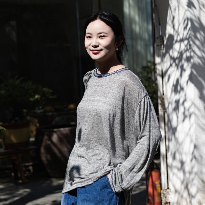 雨文她城慵懒风进口100%亚麻宽松长袖罩衫女灰色松弛感T恤衫上衣