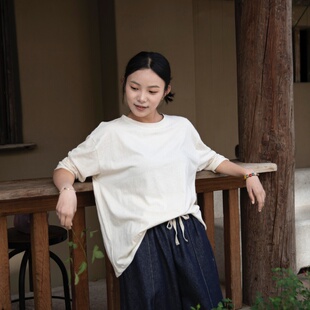 雨文她城原创女简约款亚麻棉麻色长袖T恤休闲松弛慵懒打底上衣