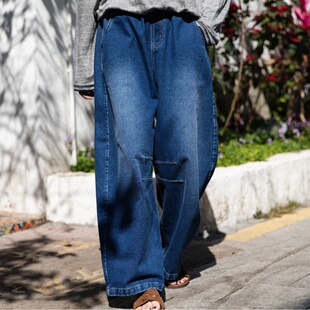 雨文她城水洗蓝100%长绒棉宽松阔腿裤 女蓝色百搭休闲感牛仔裤