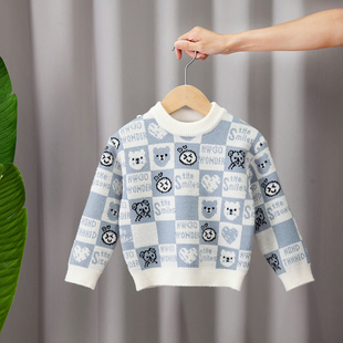 冰蓝色格子卡通形象加厚女童毛衣新款宝宝秋冬针织洋气男童儿童款