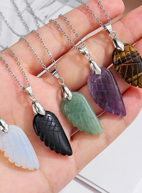 天然水晶翅膀吊坠银色锁骨链女