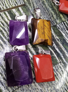 天然紫水晶虎眼石方形切面吊坠