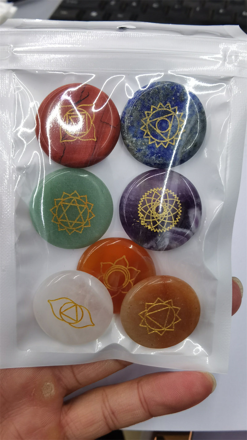 25MM天然彩色水晶玛瑙青金裸石圆片刻图案工艺品摆件礼物家居装饰