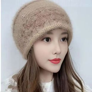 2025秋冬新款女针织保暖松鼠绒毛线帽保暖包头优雅镂空勾花针织帽