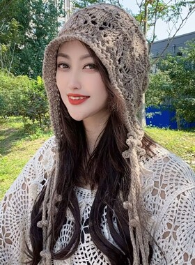 新款女秋冬镂空复古文艺针织帽民族风钩花毛线帽手工编织包头帽子
