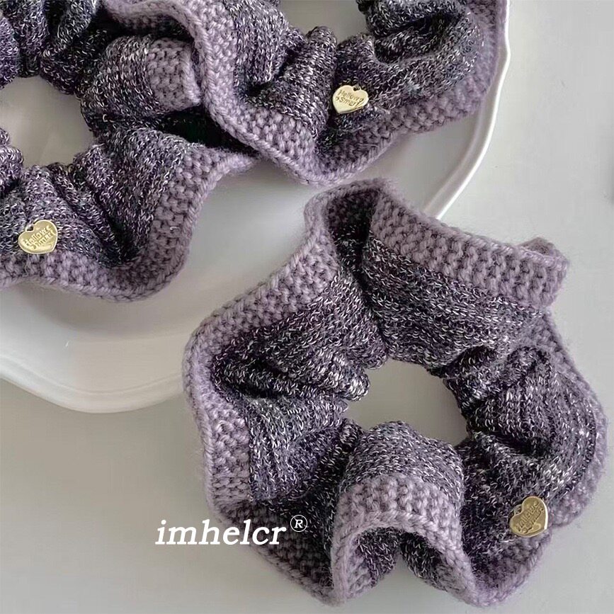 Chris 日韩紫色毛线边灰色针织发圈气质优雅百搭后脑勺扎马尾发绳