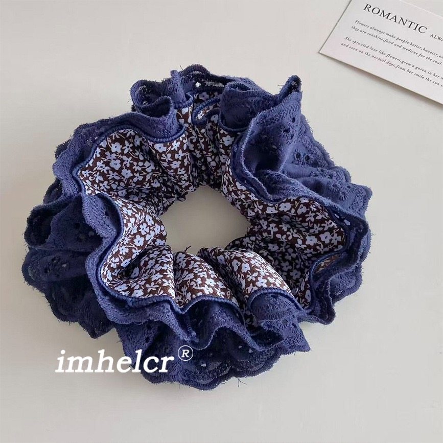 Chris 藏青色碎花蕾丝小蛮腰发圈文艺高级感百搭扎马尾皮筋发绳