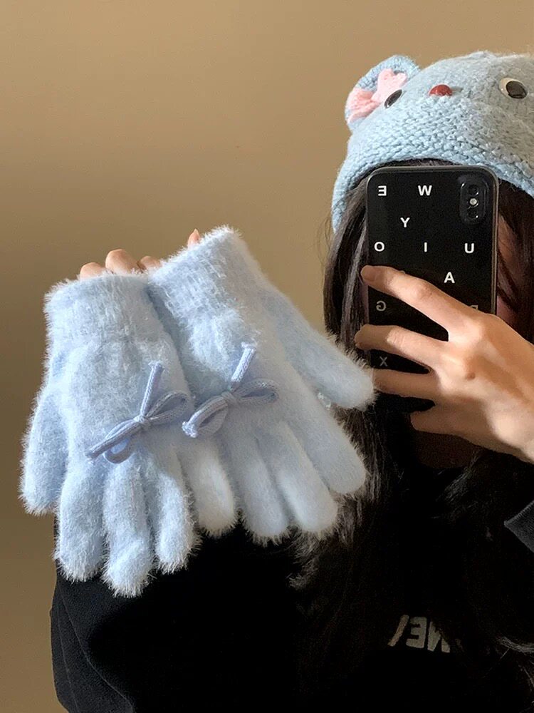 Chris 蝴蝶结蓝色针织毛线手套女冬季分指加绒加厚户外骑行保暖