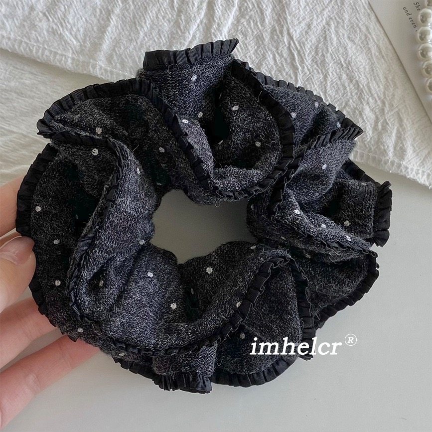 Chris 日韩高级灰色波点褶边小蛮腰秋冬软糯针织后脑勺发绳发饰