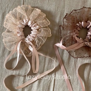 Chris 波点蕾丝裙摆发圈韩国头绳超大网纱大肠圈头花 甜而不腻