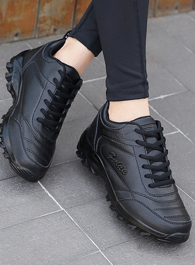 春季回女鞋运动鞋女黑色皮面软底大码妈妈鞋防滑防水中老年单鞋