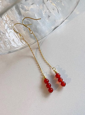 925纯银耳钩圆珠流苏耳钩新中式简约优雅镀18k金长款红玛瑙耳环女