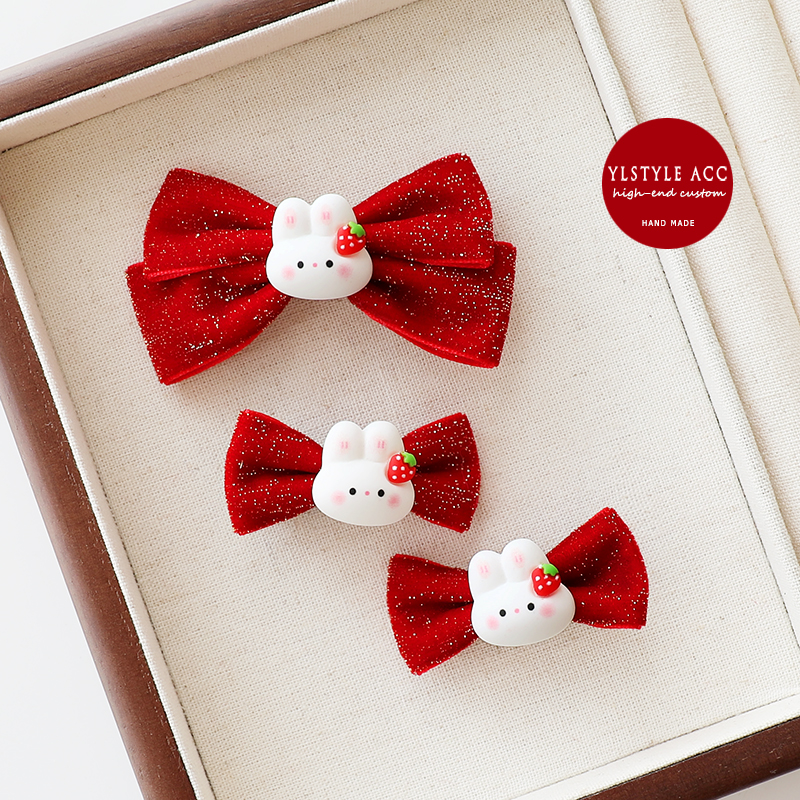 新年丝绒蝴蝶结兔子发夹闪闪发卡对夹儿童边夹刘海鸭嘴夹宝宝发饰