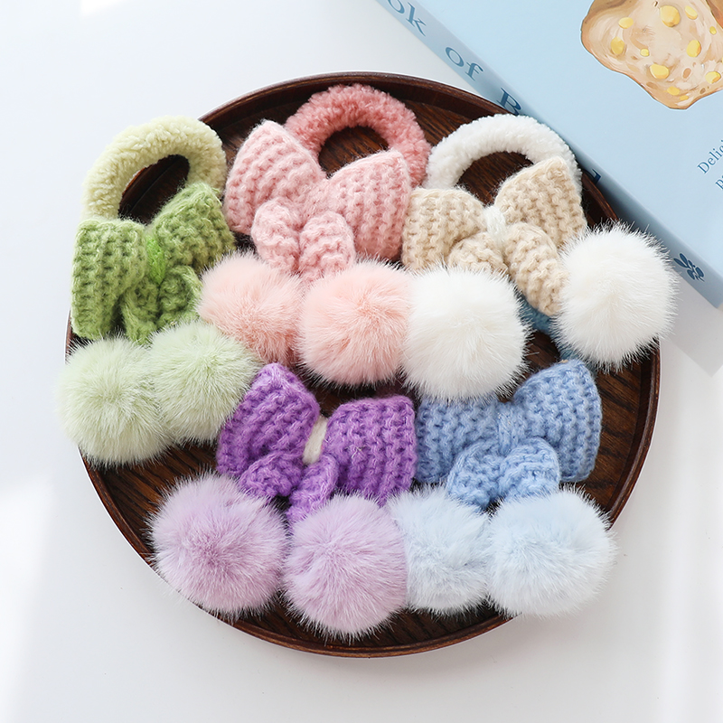 秋冬新款温暖毛线蝴蝶结发圈兔毛球球奶油色甜美发绳皮筋少女发饰
