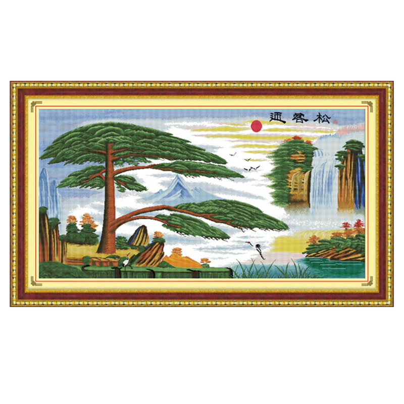 印花十字绣新款客厅风景迎客松旭日东升鹤寿延年八方聚财山水挂画