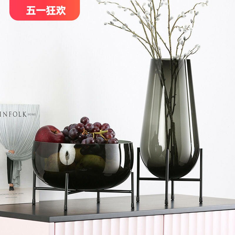 轻奢花瓶玻璃水果盘摆件现代简约家用客厅餐桌茶几高端软装装饰品
