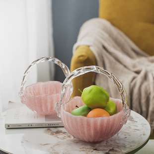 新品 饰品 简约田园粉色琉璃提篮果盘摆件零食桌面干果盘家居客厅装