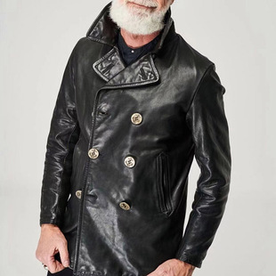 740男款大衣绵羊皮真皮皮衣中长款风衣男复古双排扣男士秋冬大衣