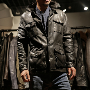 进口绵羊皮真皮修身 夹克男翻领多兜重水洗褶皱皮衣男 M65野战猎装