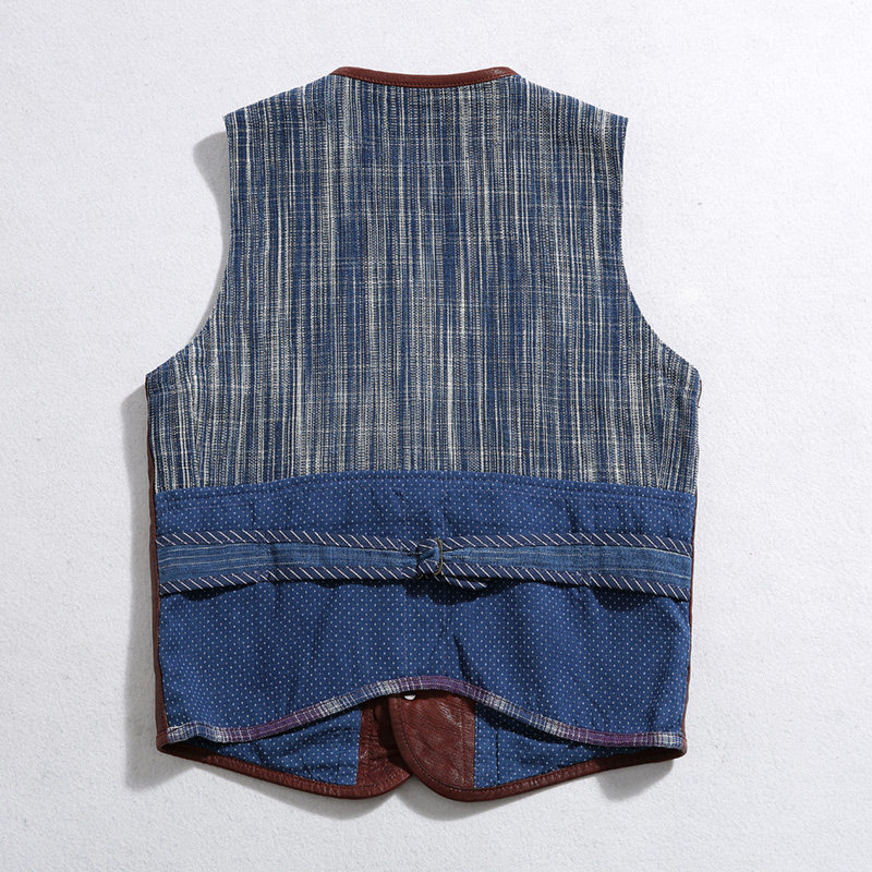 WAXED GOATSKIN STITCHING COARSE CLOTH VINTAGE VEST JAPANESE RETRO DENIM LEATHER VEST SHOULDER SHORT LEATHER JACKET MENS NEW PRODUCTS