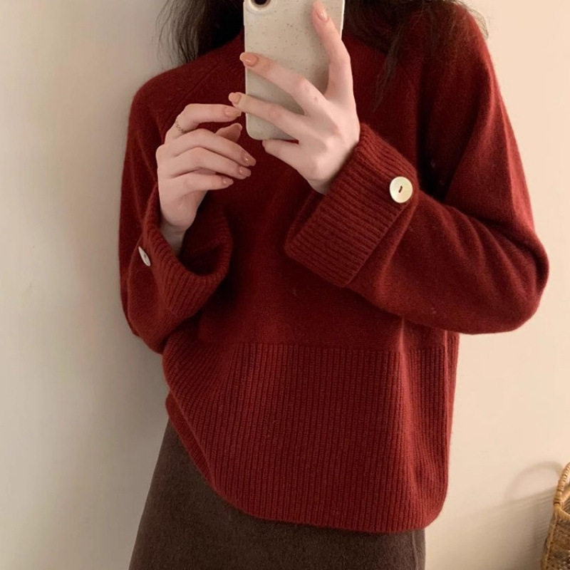 宽松软糯新年红色毛衣女2025秋冬慵懒风长袖外穿套头针织打底衫