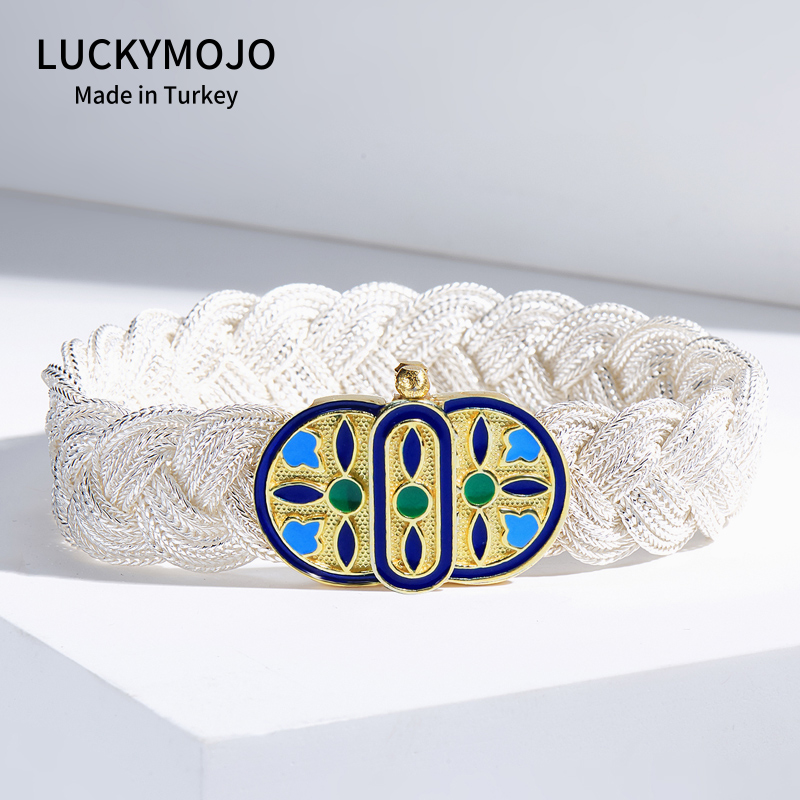 LUCKYMOJO S925纯银土耳其编织四叶草宽版手链男小众手镯软手绳女