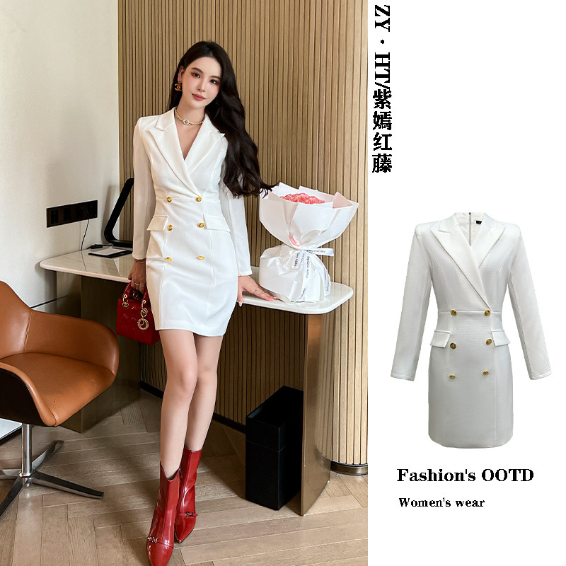 正式场合白色西装连衣裙女气质时尚西服裙子主持人收腰职业正装裙