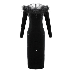 年会晚礼服女高级感秋冬一字肩包臀女人味毛毛镶钻丝绒宴会连衣裙