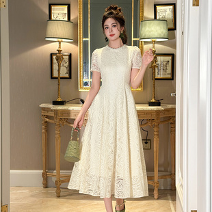 富家千金钉珠显瘦收腰连衣裙女装精致端庄大气高端a字中长裙子