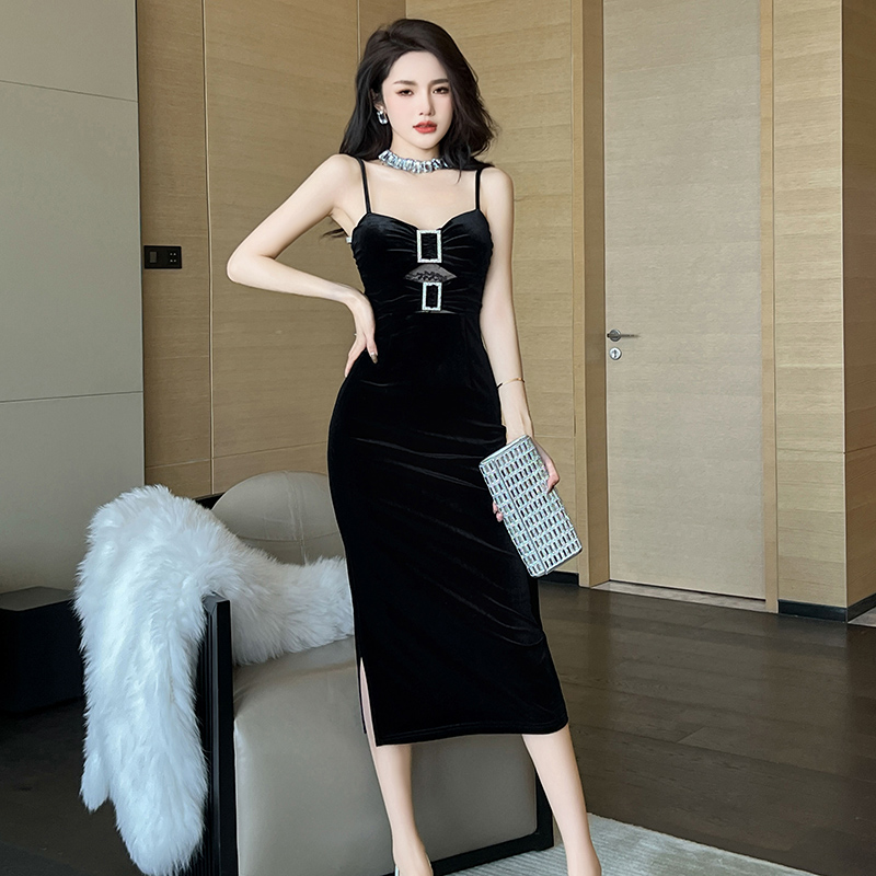 黑色丝绒绝美吊带连衣裙内搭镂空中长款露背抹胸背心收腰修身长裙