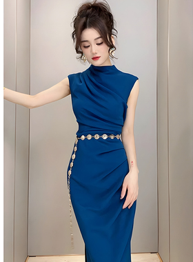 气质御姐风蓝色无袖港风名媛2026新款女包臀修身显瘦长裙连衣裙子